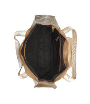 Top view of the Bed|Stü Proper tote, crafted from vegetable-tanned leather with handwoven straps, showcasing a roomy black interior and a zippered side pocket, set against a white background.