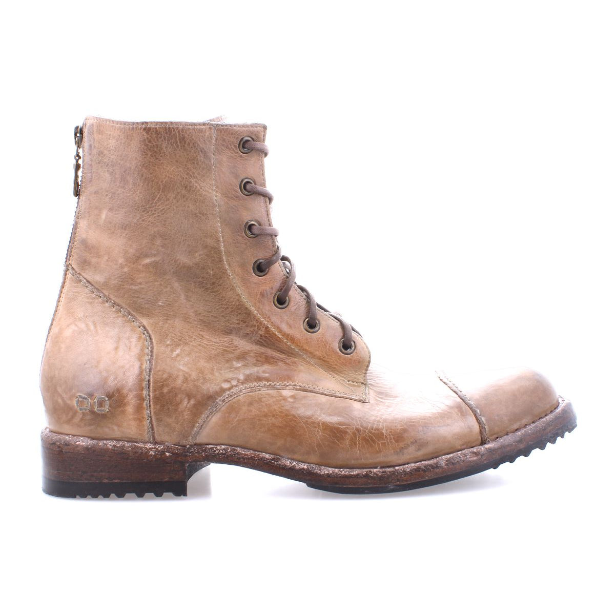 The Bed|Stü Protege is a light brown leather lace-up combat boot with a side zipper and textured rubber sole, displayed in profile against a white background. This durable boot boasts a classic silhouette, making it ideal for everyday wear.
