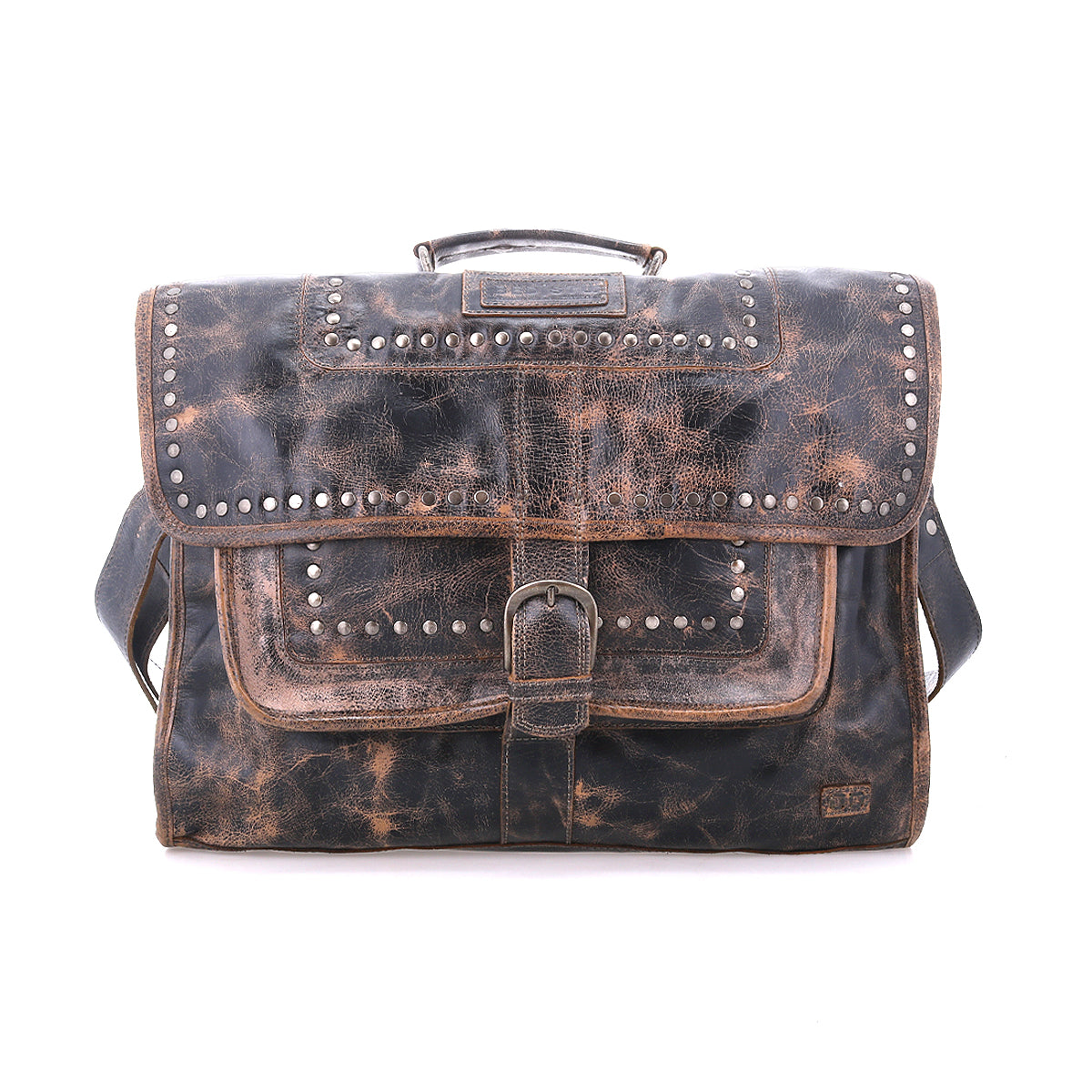 Bed|Stü “Pub” distressed leather satchel featuring metal studs, a buckle closure, top handle, and shoulder strap, displayed against a plain white background—a stylish travel bag that also serves perfectly as a unique leather briefcase.
