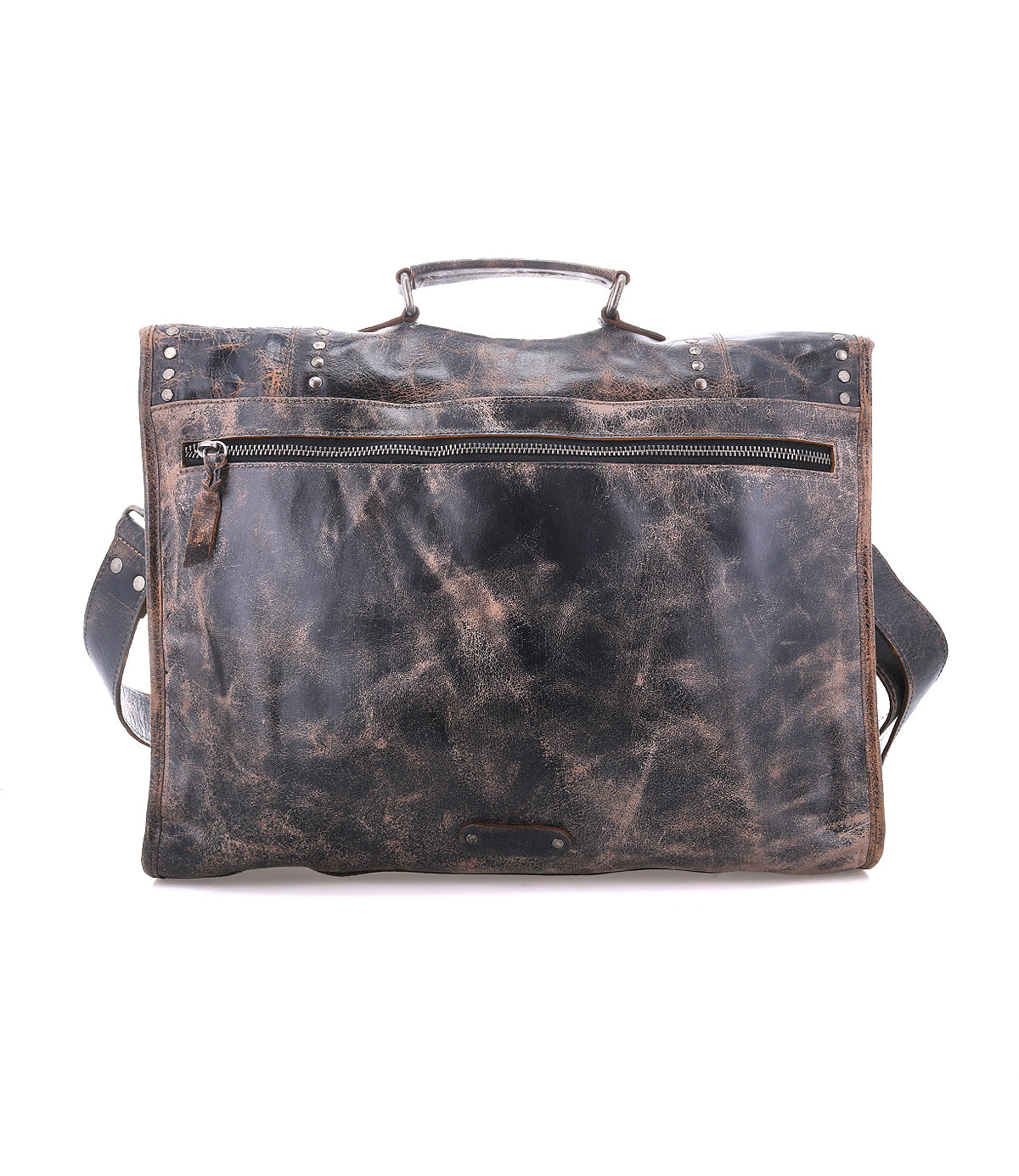 The Bed|Stü Pub is a distressed brown leather briefcase featuring a top handle, front zipper pocket, and adjustable shoulder strap—an ideal travel bag for work or on-the-go organization, pictured against a white background.