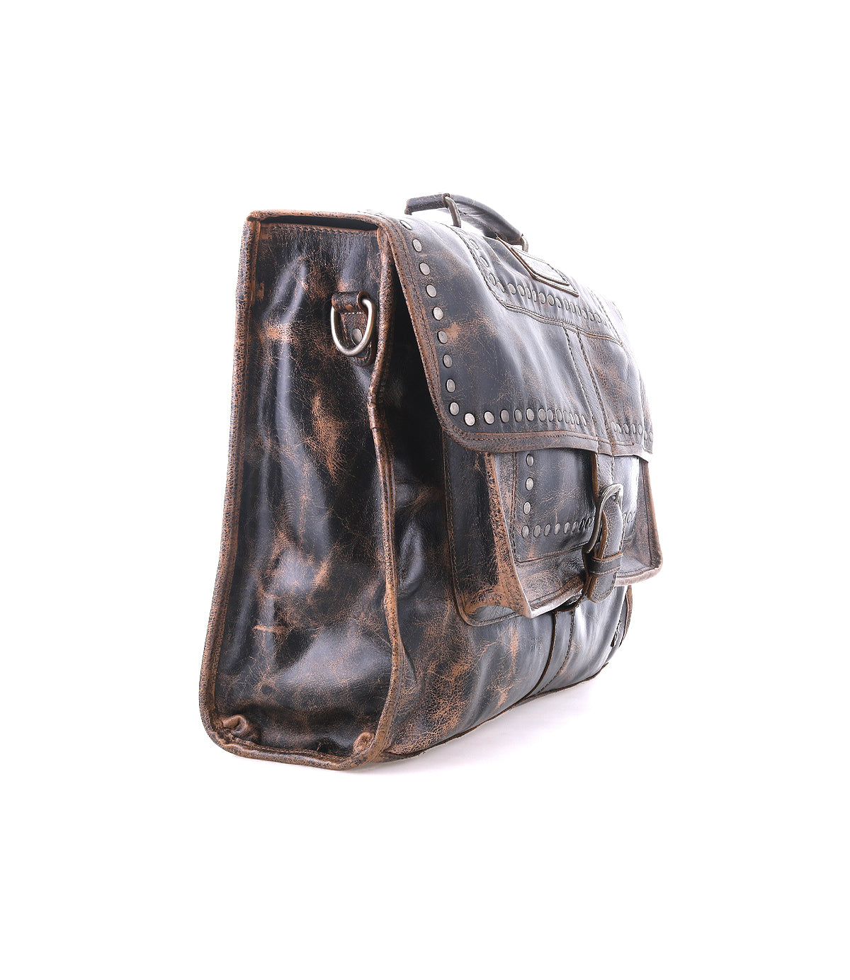 The Bed|Stü Pub is a distressed black leather messenger bag featuring metal studs, a front flap with buckle closure, and a side D-ring, shown against a white background—this stylish travel bag seamlessly blends the practicality of a work bag with the sleek sophistication of a modern leather briefcase.