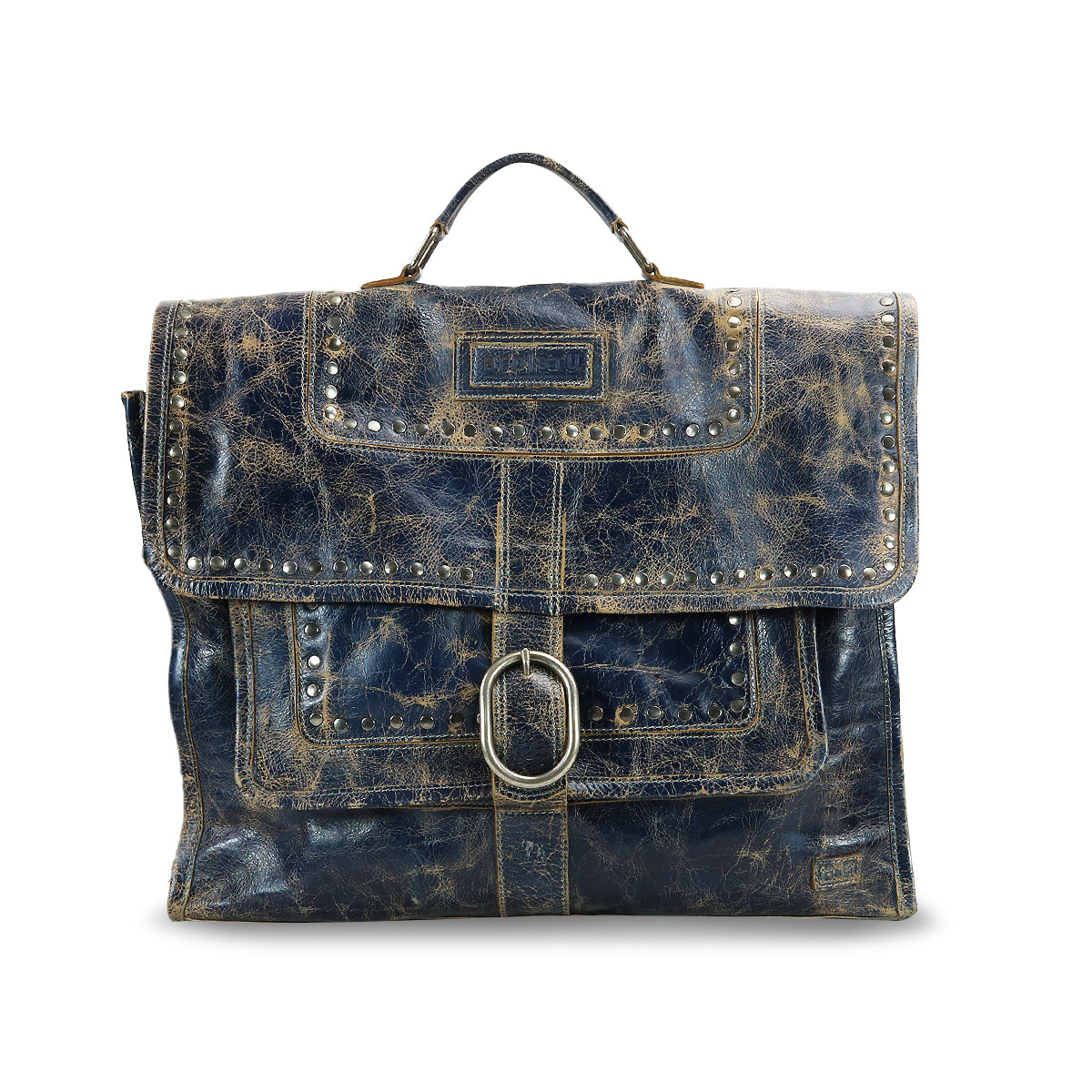 Bed|Stü's Pub satchel features distressed leather, silver stud accents, a top handle, front flap, and an oversized buckle closure—making it a stylish travel companion or an eye-catching alternative to the classic leather briefcase.