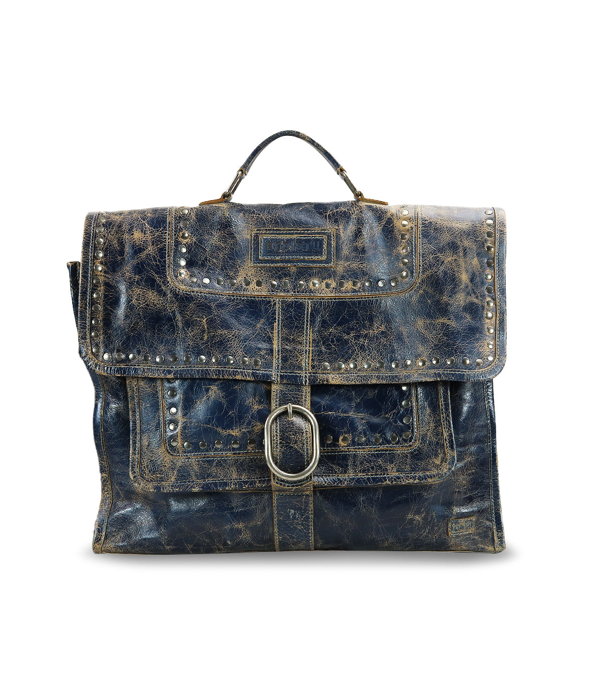Bed|Stü's Pub satchel features distressed leather, silver stud accents, a top handle, front flap, and an oversized buckle closure—making it a stylish travel companion or an eye-catching alternative to the classic leather briefcase.