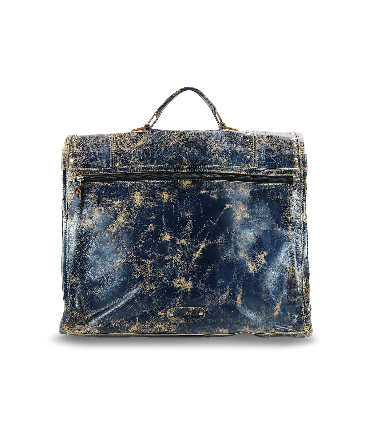 Introducing the Bed|Stü Pub—a distressed blue leather briefcase featuring a sturdy handle, front zipper pocket, and signature wear marks. This stylish travel bag effortlessly combines vintage charm with practical sophistication.