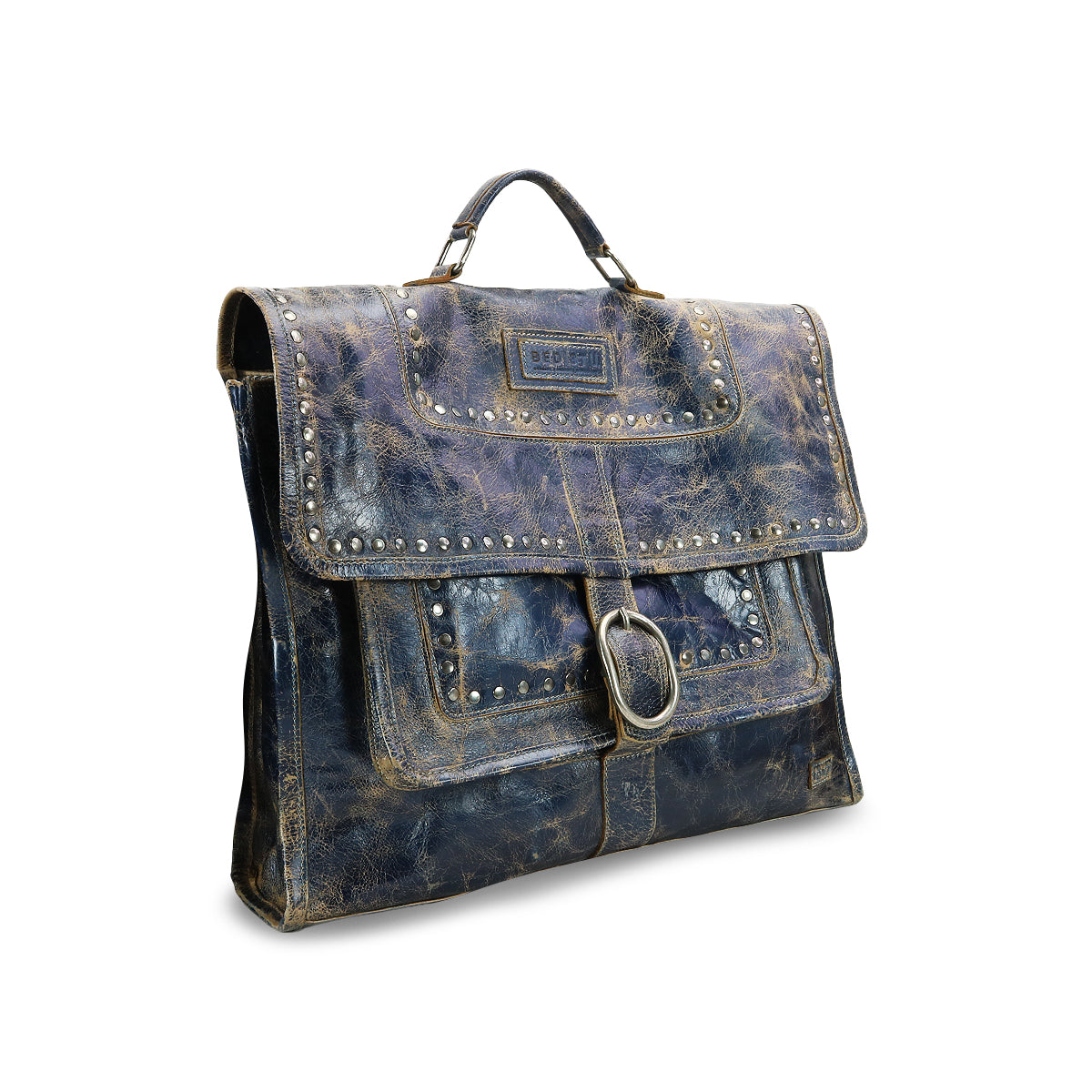 The Bed|Stü Pub satchel, crafted from distressed blue leather with silver stud accents, a spacious front pocket, buckle detailing, and a sturdy top handle, effortlessly combines vintage appeal with modern utility—making it the perfect work bag for those seeking style and practicality. Featured against a white background.