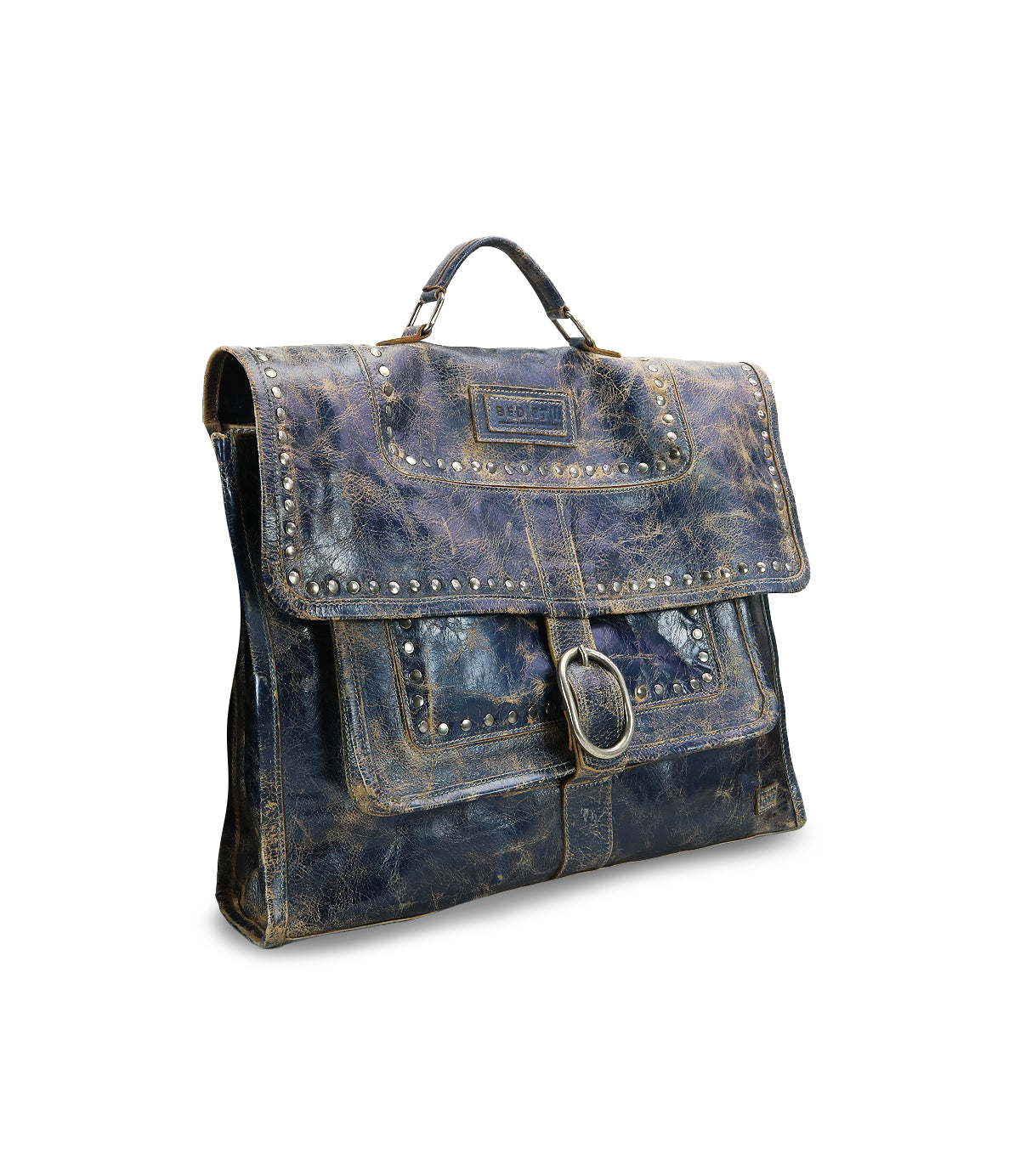The Bed|Stü Pub satchel, crafted from distressed blue leather with silver stud accents, a spacious front pocket, buckle detailing, and a sturdy top handle, effortlessly combines vintage appeal with modern utility—making it the perfect work bag for those seeking style and practicality. Featured against a white background.
