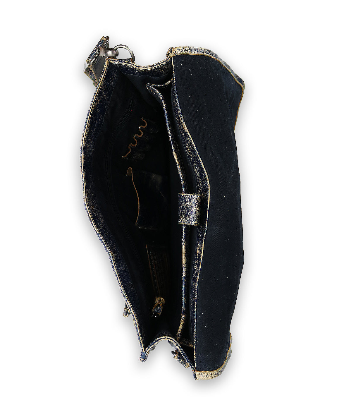 A close-up top view of the open Bed|Stü Pub handbag in black with gold trim showcases its organized interior compartments and pockets—making it the ideal choice for anyone looking for a stylish travel companion or a chic work bag to keep daily essentials neatly arranged.