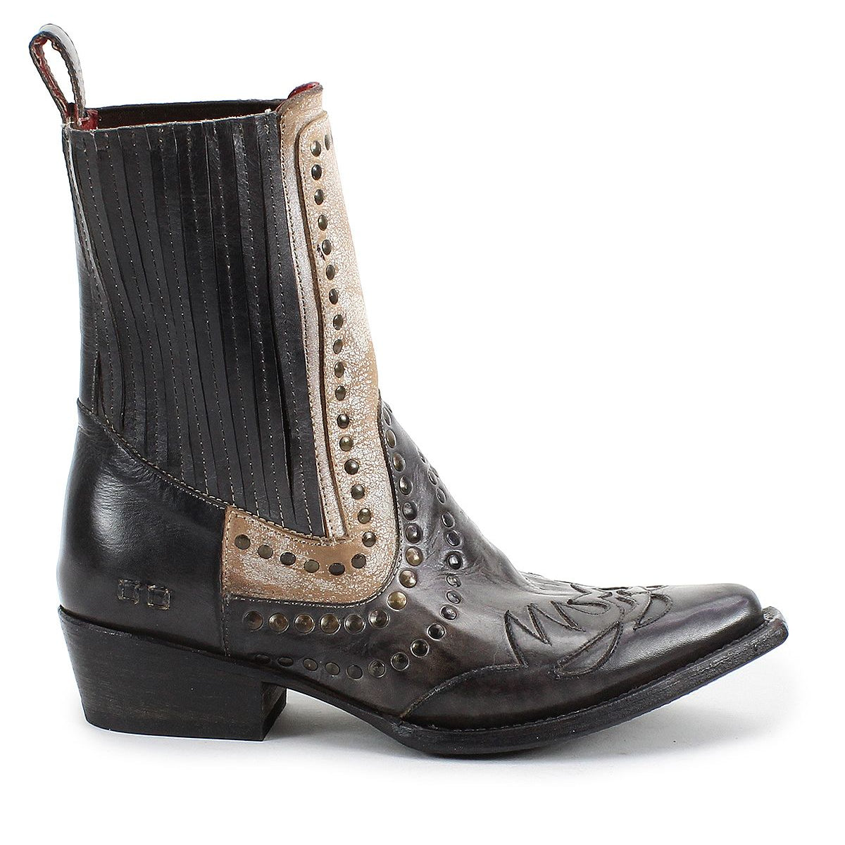 Introducing the "Raise" by Bed|Stü—a black leather Western short boot featuring decorative stitching, studded accents, a brown accent strip, and a low heel. Displayed in profile facing left, this stylish boot showcases a fashionable snip toe.