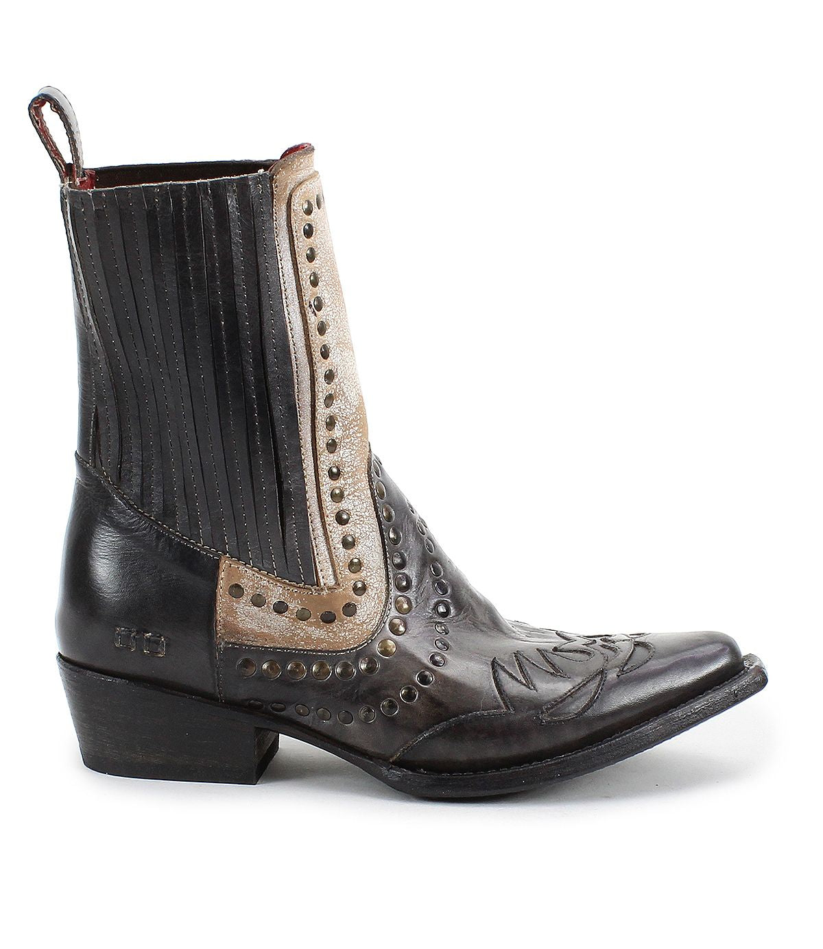 Introducing the "Raise" by Bed|Stü—a black leather Western short boot featuring decorative stitching, studded accents, a brown accent strip, and a low heel. Displayed in profile facing left, this stylish boot showcases a fashionable snip toe.