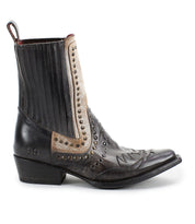 Introducing the "Raise" by Bed|Stü—a black leather Western short boot featuring decorative stitching, studded accents, a brown accent strip, and a low heel. Displayed in profile facing left, this stylish boot showcases a fashionable snip toe.