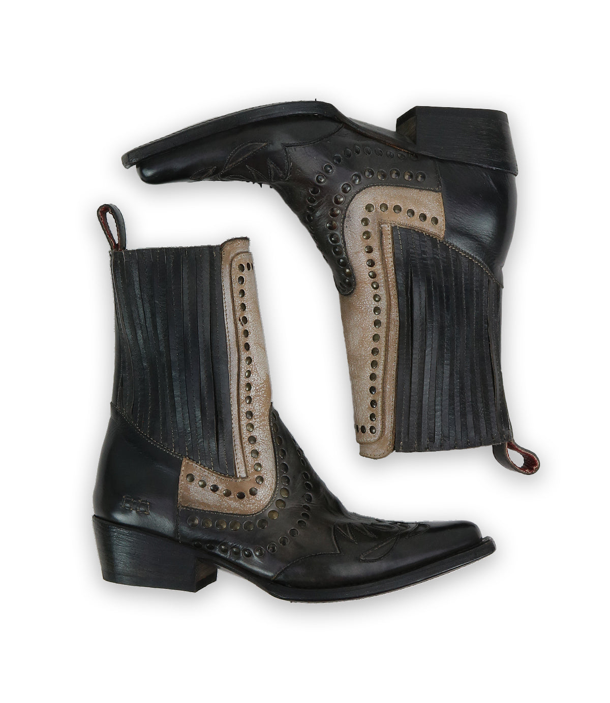 A pair of Bed|Stü Raise black and brown leather Western short boots with decorative stitching, studded accents, a snip toe, and a short heel, displayed side by side on a white background.