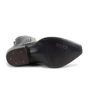 The sole of the Raise black leather Western short boot by Bed|Stü features visible stitching, studded accents, metal tacks on the heel, and the Bed|Stü brand logo stamped near the arch.