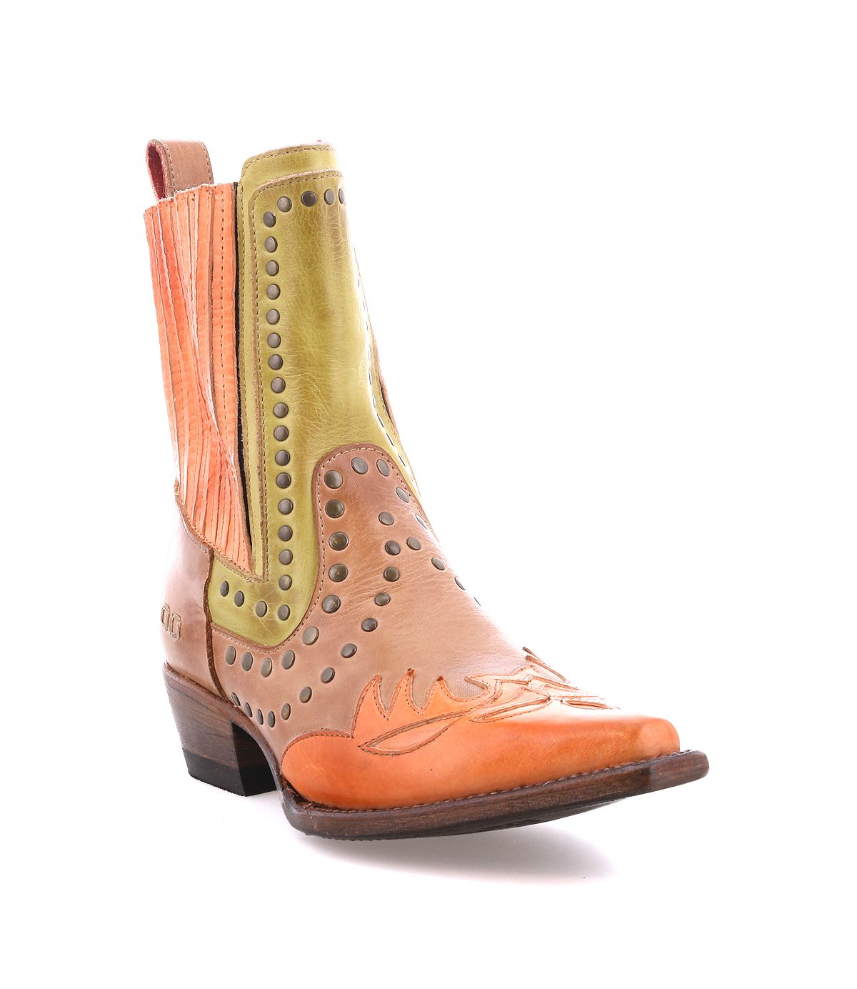 The Bed|Stü Raise is a multicolored leather Western short boot featuring decorative stitching, studded accents, a snip toe, and a low heel, shown on a white background.