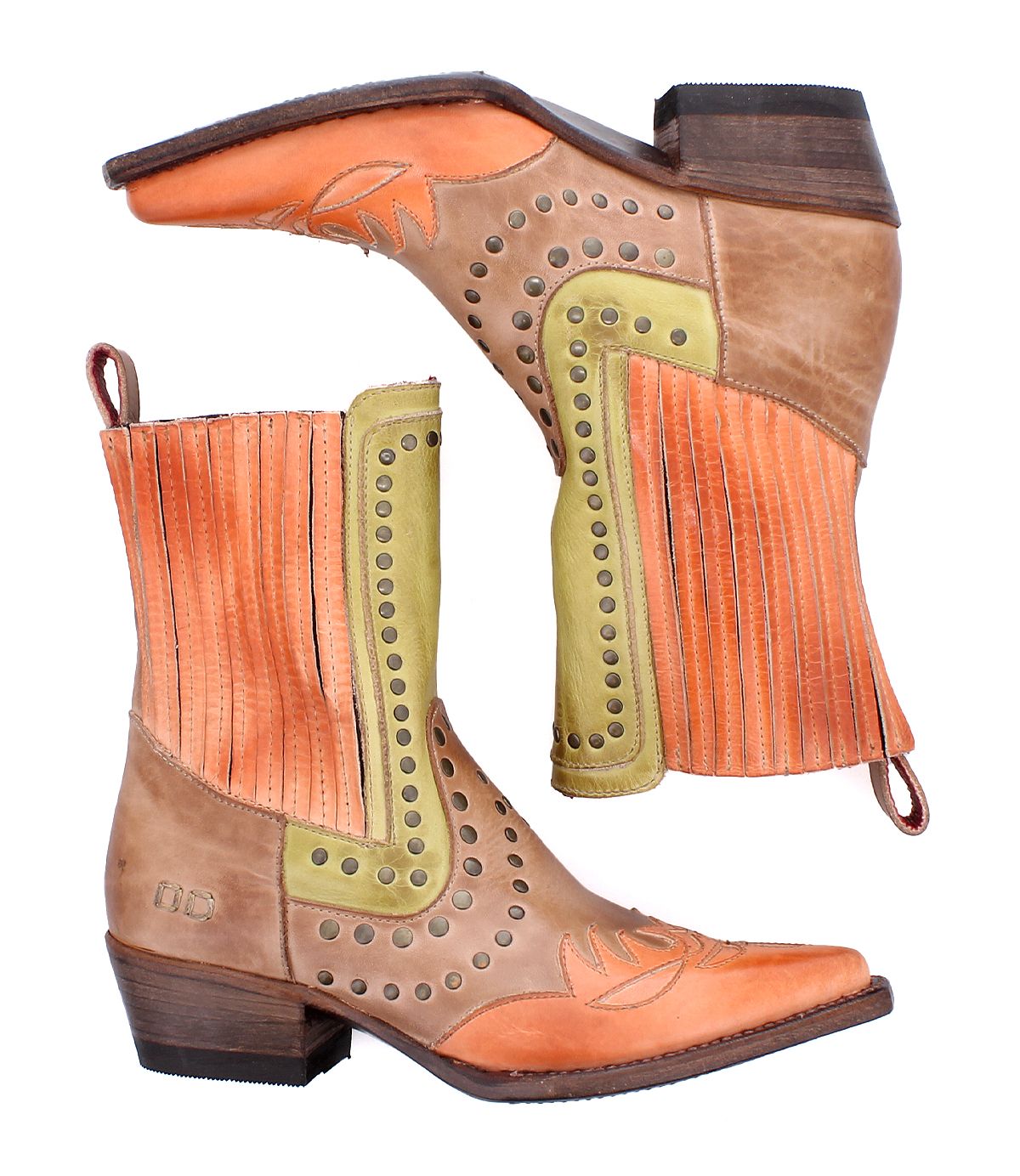 The Bed|Stü Raise boots are a pair of mid-calf Western short boots crafted with orange, tan, and green leather panels. Featuring decorative stitching, studded accents, and a low stacked heel, these stylish boots showcase a snip toe design and are presented in both side and top-down views.