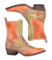 The Bed|Stü Raise boots are a pair of mid-calf Western short boots crafted with orange, tan, and green leather panels. Featuring decorative stitching, studded accents, and a low stacked heel, these stylish boots showcase a snip toe design and are presented in both side and top-down views.