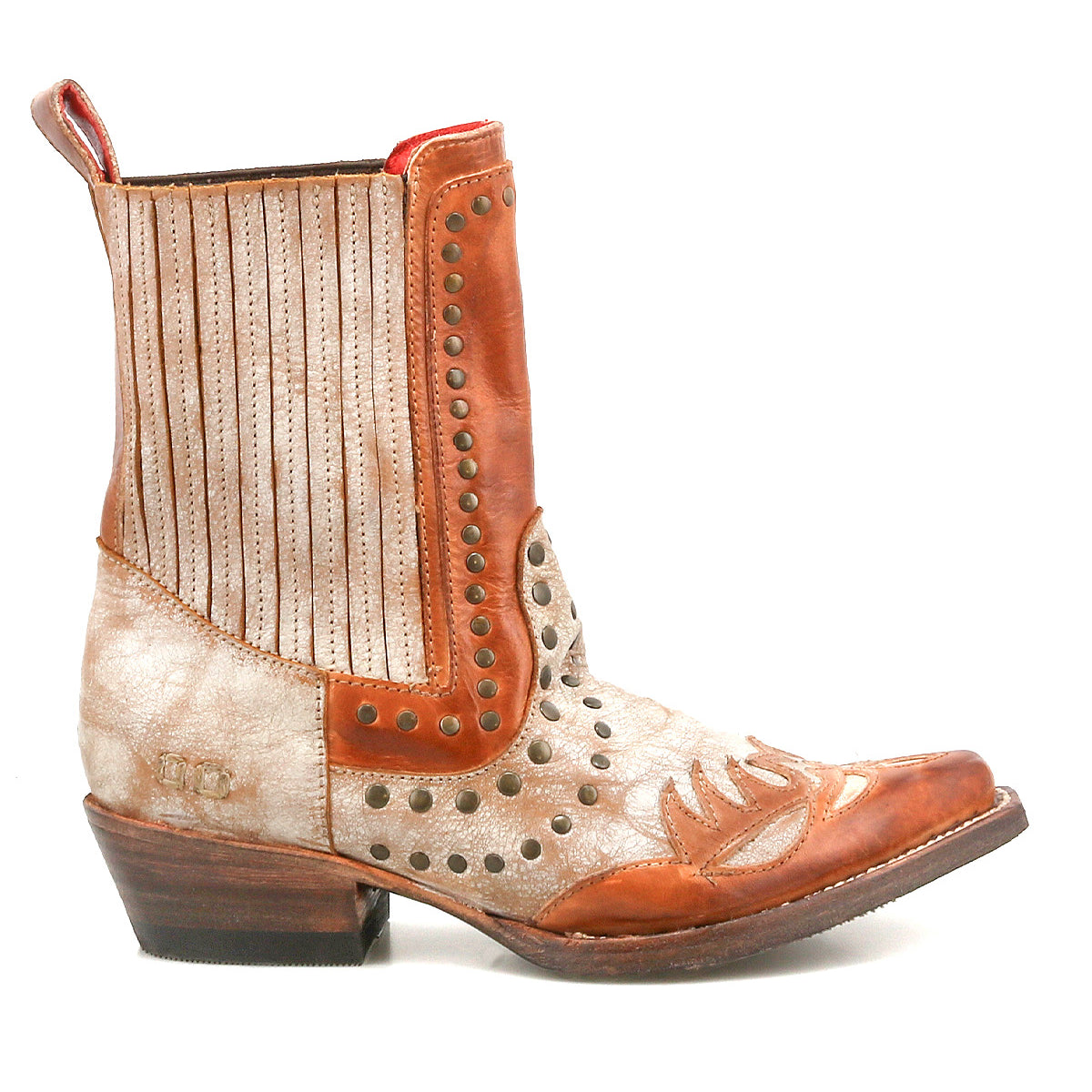 Introducing Raise by Bed|Stü: a Western-inspired short boot expertly crafted from leather, showcasing a stacked heel, metal stud accents, detailed stitched patterns, a snip toe design, and an eye-catching blend of tan and brown hues.