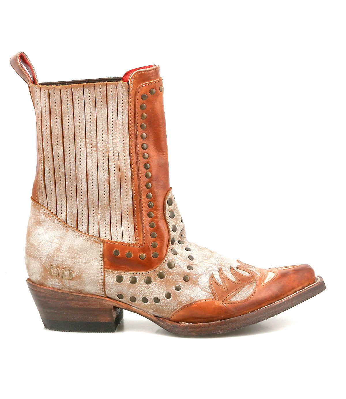Introducing Raise by Bed|Stü: a Western-inspired short boot expertly crafted from leather, showcasing a stacked heel, metal stud accents, detailed stitched patterns, a snip toe design, and an eye-catching blend of tan and brown hues.