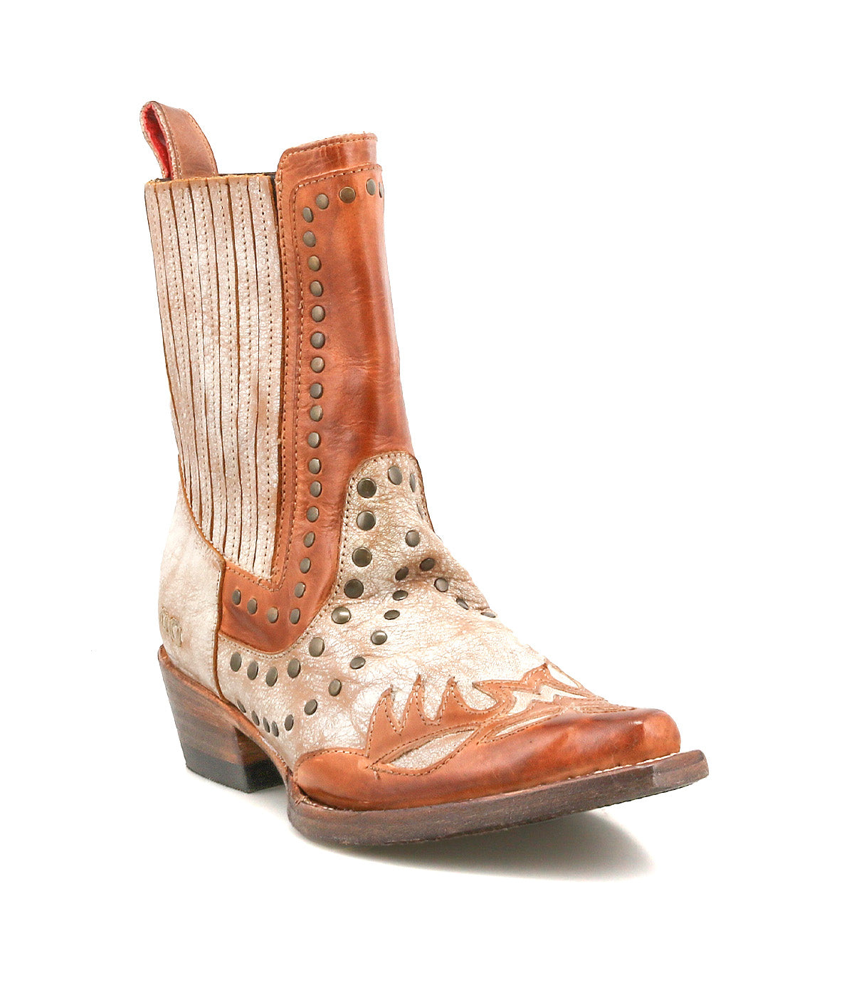The Bed|Stü Raise is a brown and beige leather Western short boot featuring decorative stitching, studded accents, a low heel, and a snip toe, shown from the front angle.