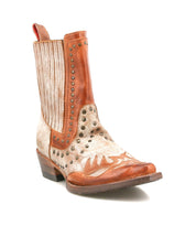 The Bed|Stü Raise is a brown and beige leather Western short boot featuring decorative stitching, studded accents, a low heel, and a snip toe, shown from the front angle.