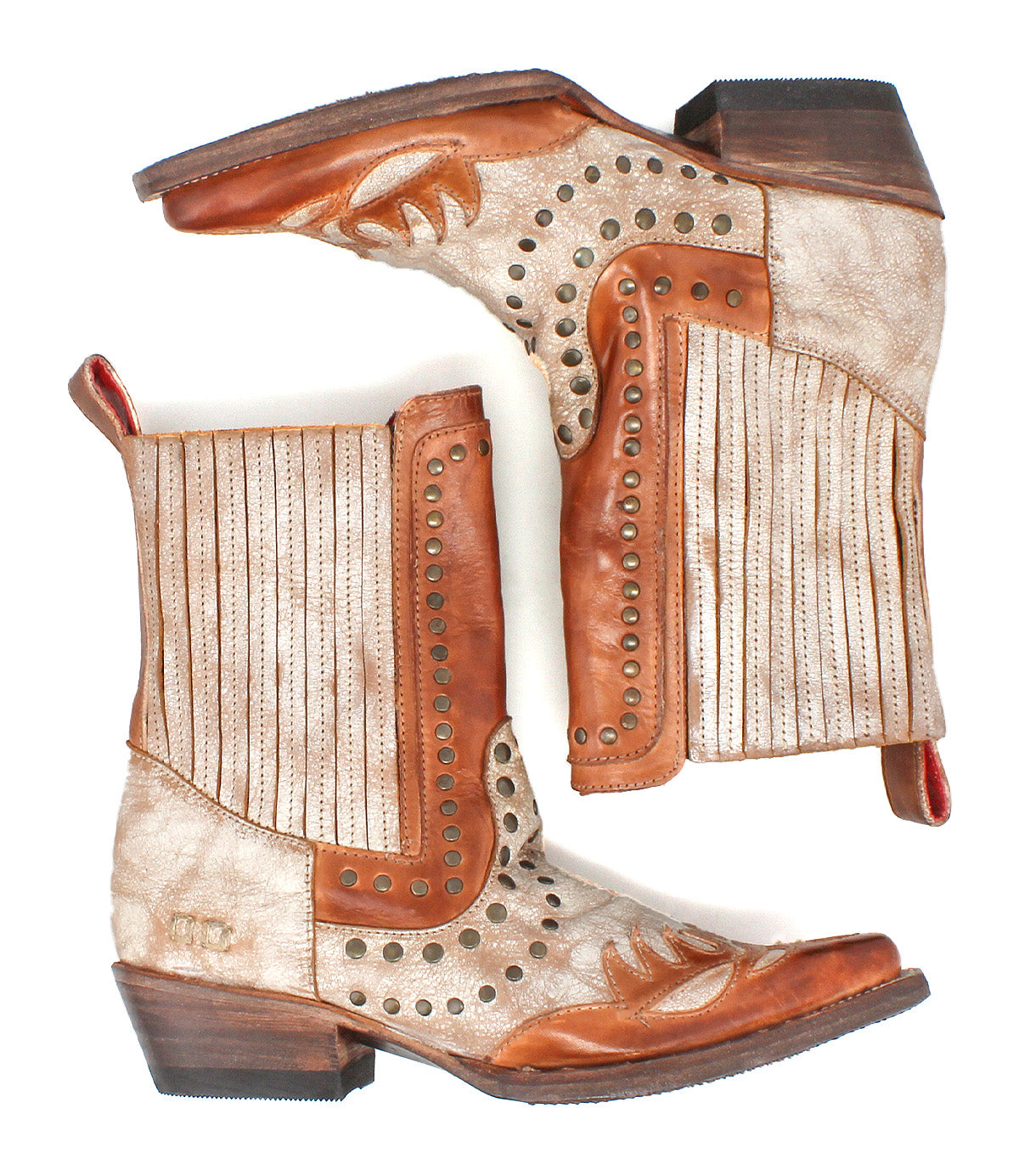 A pair of Bed|Stü Raise Western short boots in light brown with darker brown accents, showcasing decorative stitching, studded details, and low heels with a chic snip toe design, displayed side by side on a white background.