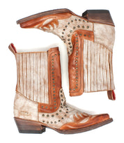 A pair of Bed|Stü Raise Western short boots in light brown with darker brown accents, showcasing decorative stitching, studded details, and low heels with a chic snip toe design, displayed side by side on a white background.