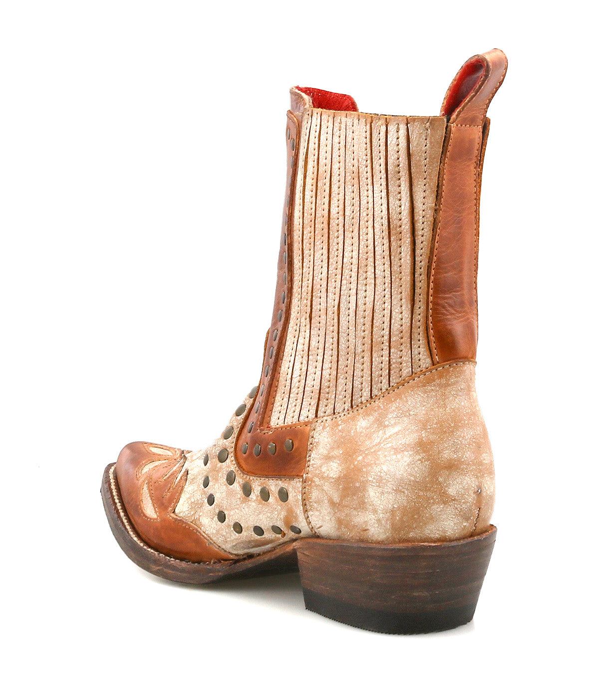 The Bed|Stü Raise is a tan and brown leather Western short boot featuring decorative stitching, a snip toe, studded accents, and a low stacked heel, shown from the rear side angle.