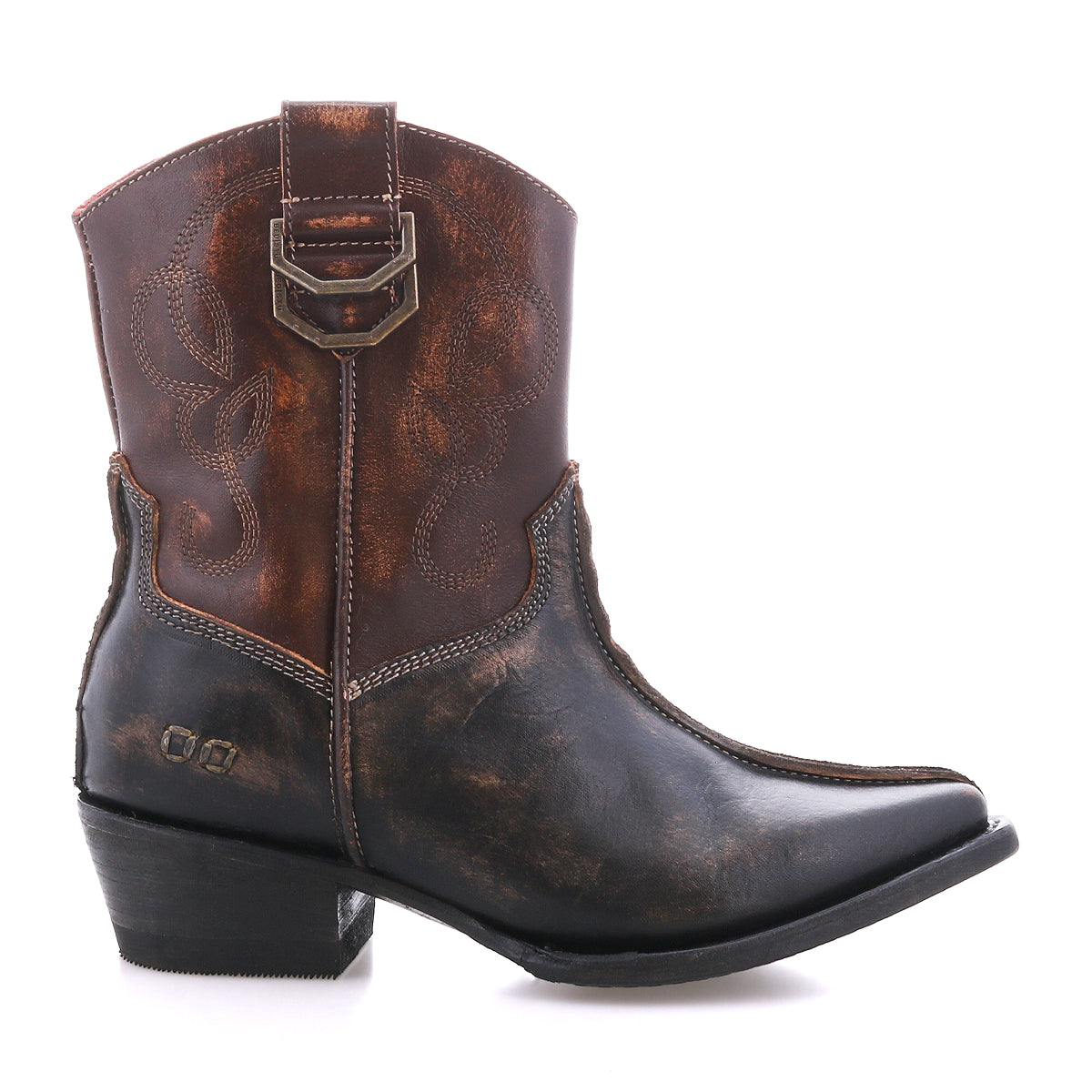 A single Bed|Stü Rangeley cowboy boot in brown and black leather, featuring decorative stitching, a distinctive design, and a low heel, shown facing left on a white background.
