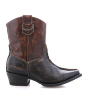 A single Bed|Stü Rangeley cowboy boot in brown and black leather, featuring decorative stitching, a distinctive design, and a low heel, shown facing left on a white background.