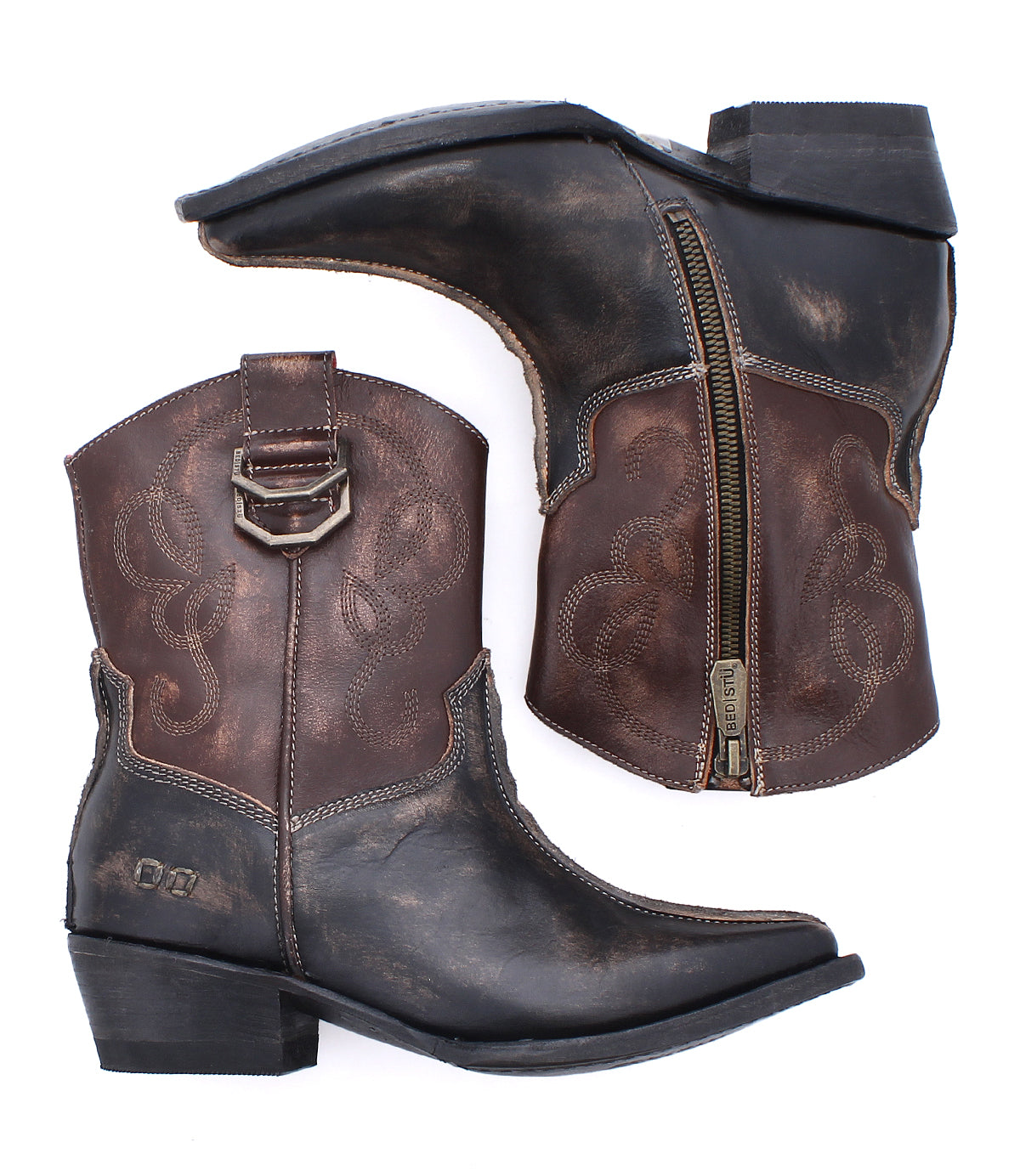 Introducing the Bed|Stü Rangeley: a stylish pair of brown leather cowboy boots showcasing a distinctive design with a decorative buckle, dual D-rings, side zipper, pointed toes, and artful stitching on the shaft—displayed here from both side and top perspectives.