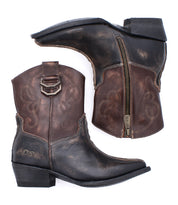 Introducing the Bed|Stü Rangeley: a stylish pair of brown leather cowboy boots showcasing a distinctive design with a decorative buckle, dual D-rings, side zipper, pointed toes, and artful stitching on the shaft—displayed here from both side and top perspectives.