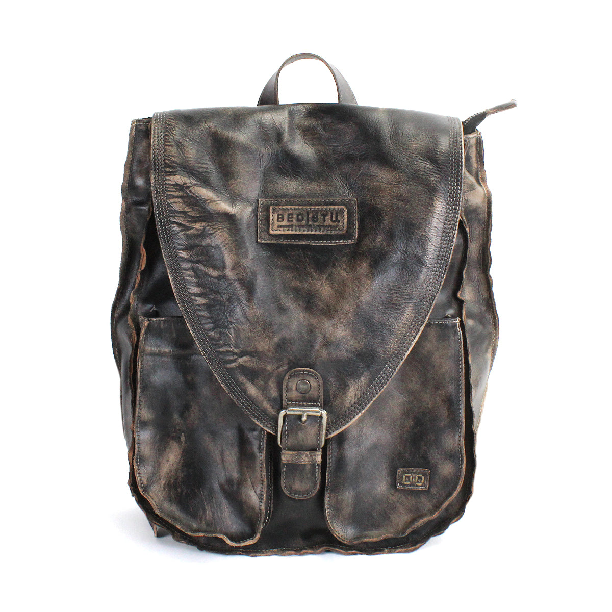 A sturdy distressed brown leather backpack, the Ranger by Bed|Stü, features a flap closure with a metal buckle, front pocket, and the "BEOUTRU" logo on the flap—perfect for everyday wear and shown against a white background.