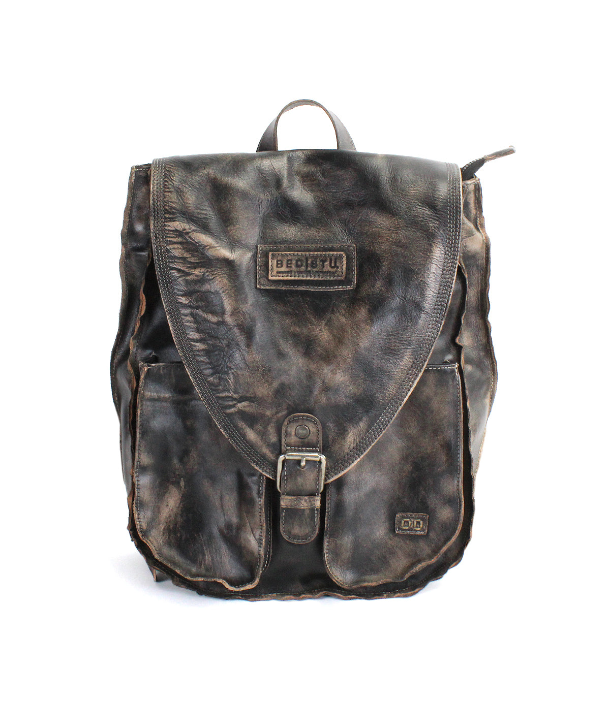 A sturdy distressed brown leather backpack, the Ranger by Bed|Stü, features a flap closure with a metal buckle, front pocket, and the "BEOUTRU" logo on the flap—perfect for everyday wear and shown against a white background.