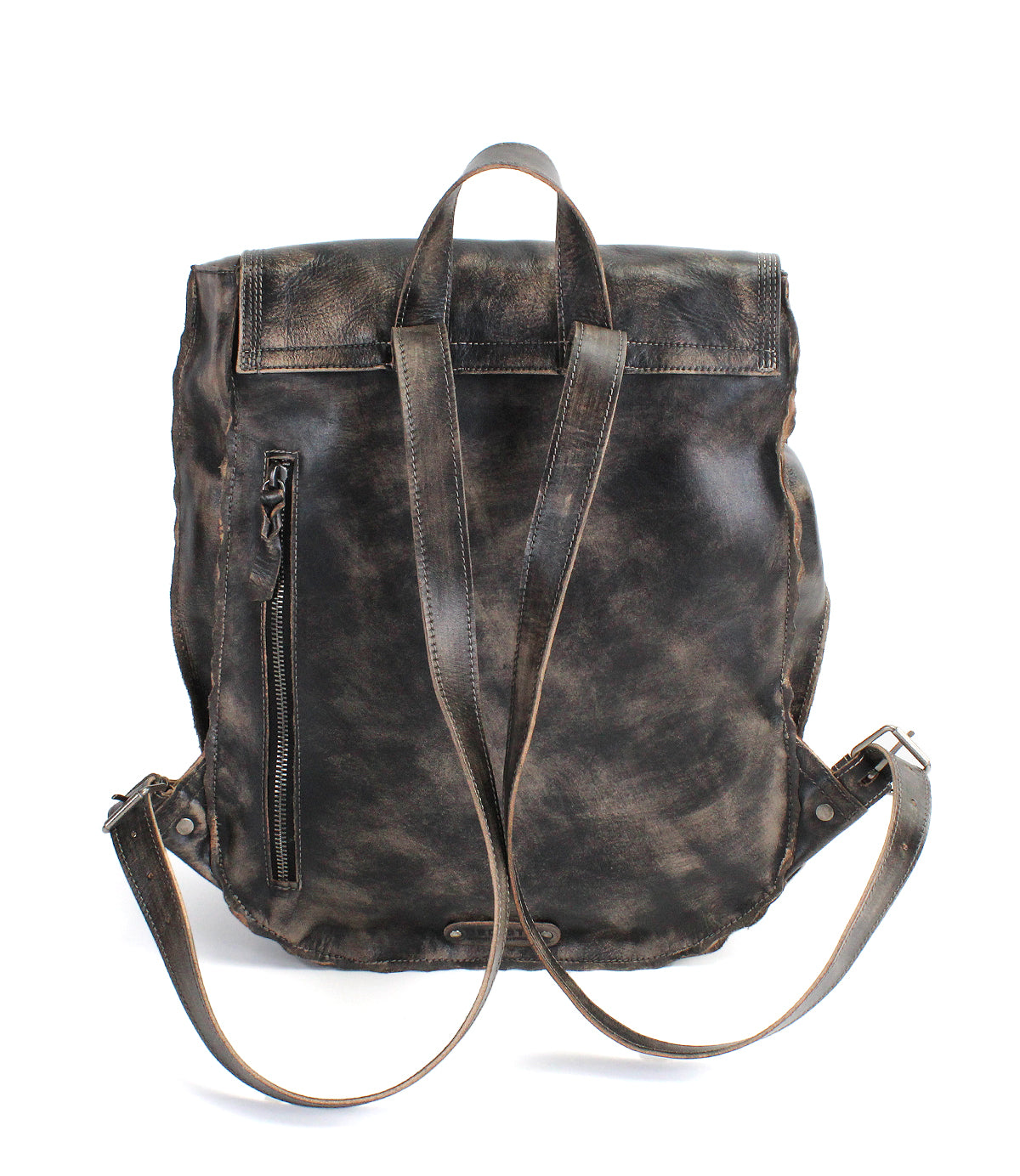 The Bed|Stü Ranger backpack is a sturdy, distressed dark brown leather accessory featuring adjustable shoulder straps, a top handle, and a vertical zippered side pocket, designed for everyday wear and displayed against a white background.