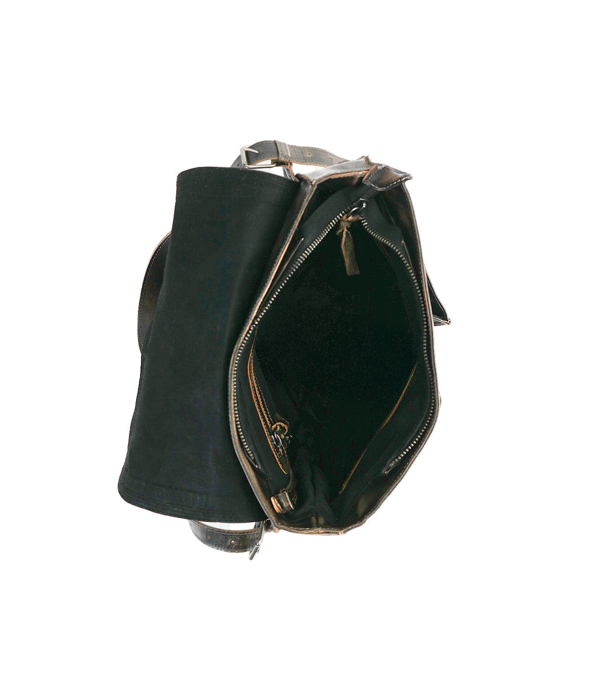 The Bed|Stü Ranger backpack, crafted from sturdy black leather, is shown partially unzipped to reveal its spacious inner compartment against a plain white background—perfect for everyday wear.