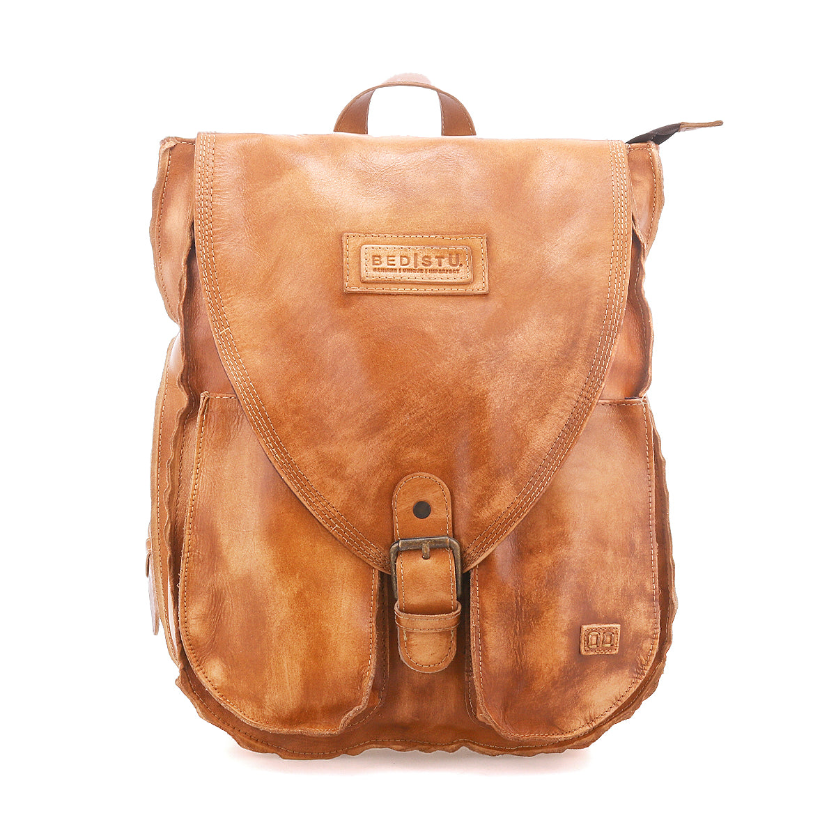 The Bed|Stü Ranger is a brown leather backpack featuring a front buckle, flap closure, and convenient side pockets. With the "Bed|Stü" label on the front, this structured bag boasts a sturdy build and a vintage, worn-in finish—perfect for everyday use.