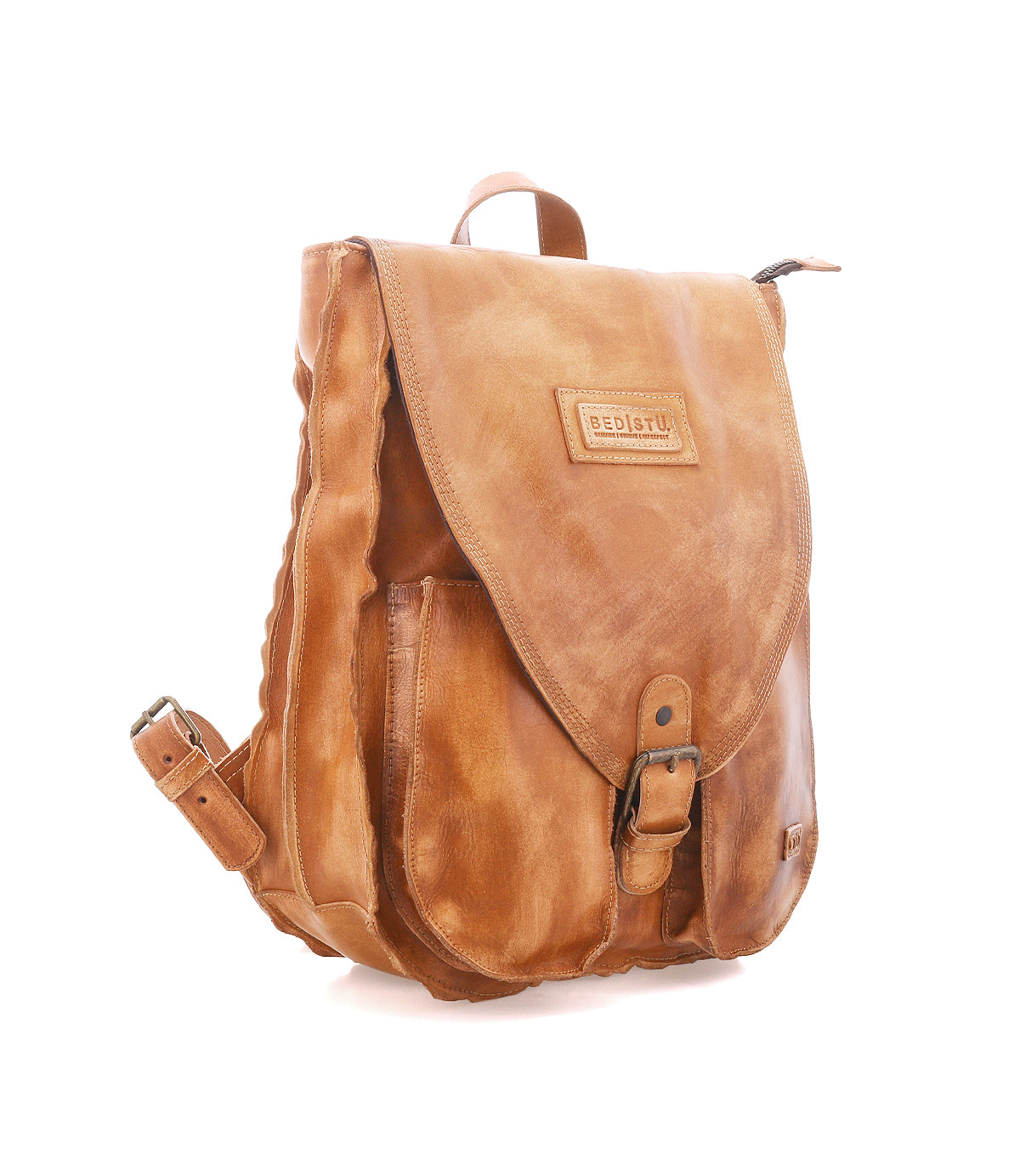 The Ranger backpack by Bed|Stü is crafted from sturdy light brown leather and features a front flap with buckle closure, side strap, and top handle—making it perfect for everyday wear—shown here against a white background.