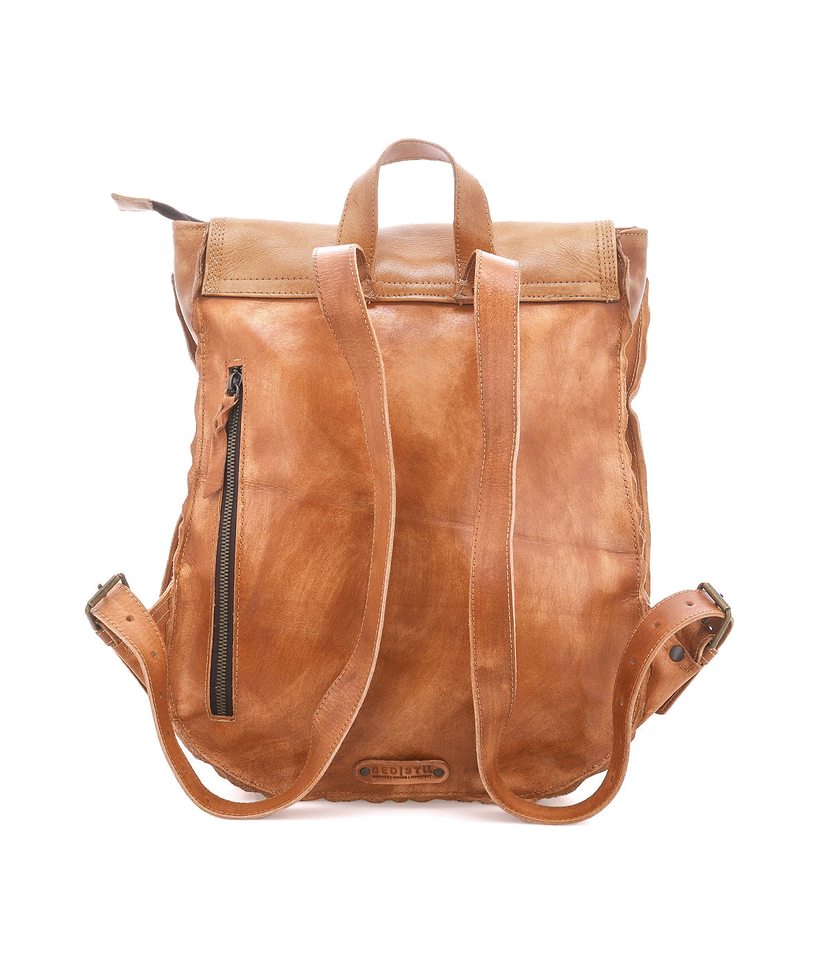 The Bed|Stü Ranger backpack is crafted from sturdy brown leather and shown from the back, featuring adjustable straps, a top handle, and a vertical zippered pocket on one side—perfect for everyday wear.