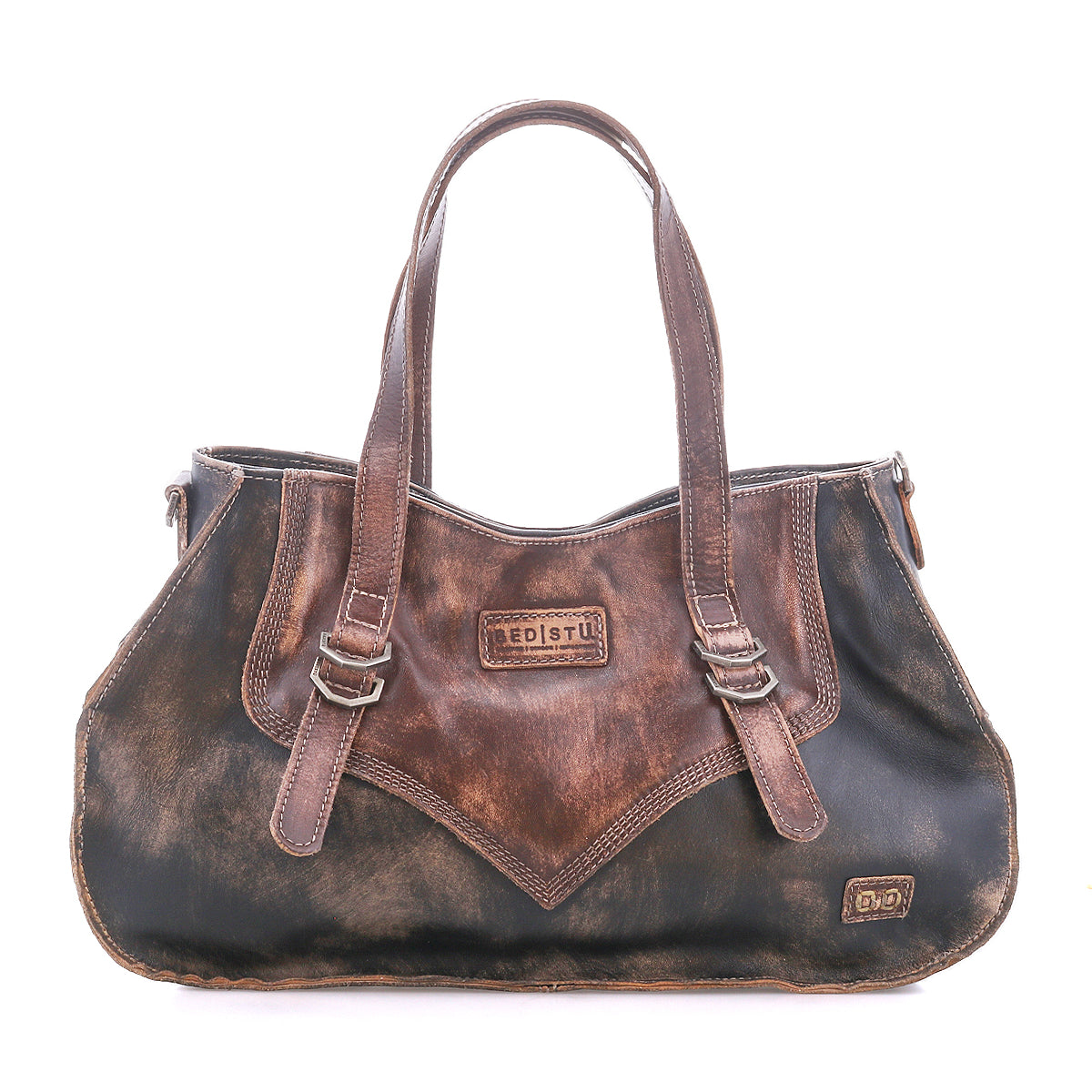 Introducing the Redrock by Bed|Stü: a compact everyday bag crafted from brown distressed leather, featuring dual handles, front buckle accents, and signature Bed|Stü patches on both the upper and lower front panels. This handbag blends a heritage-inspired design with timeless style for effortless daily elegance.