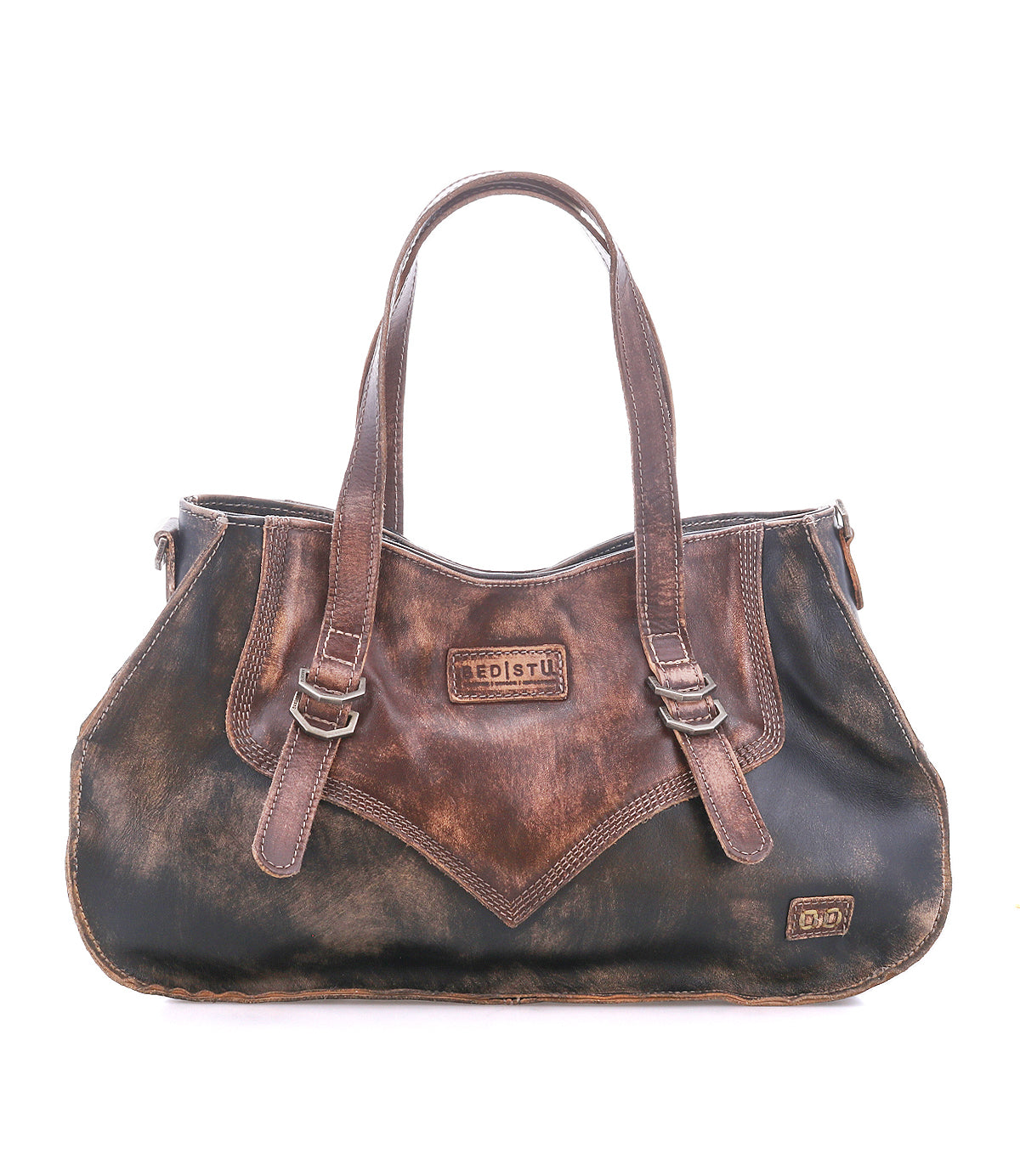 Introducing the Redrock by Bed|Stü: a compact everyday bag crafted from brown distressed leather, featuring dual handles, front buckle accents, and signature Bed|Stü patches on both the upper and lower front panels. This handbag blends a heritage-inspired design with timeless style for effortless daily elegance.
