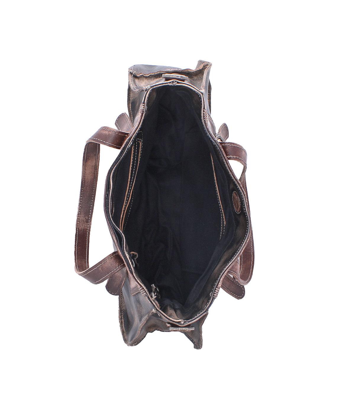 Top view of the Bed|Stü Redrock handbag, revealing its heritage-inspired brown leather design with a spacious black interior, a zippered pocket, and two smaller side pockets, along with buckled handles visible on each side.