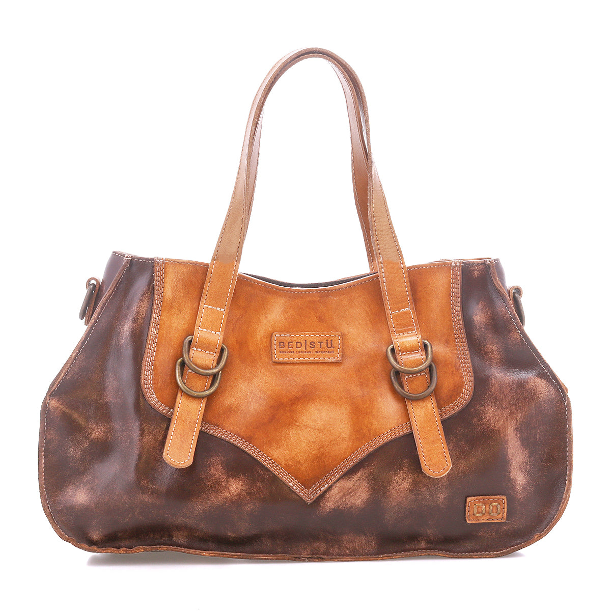 Compact brown and tan leather "Redrock" handbag by Bed|Stü, featuring dual handles with buckled accents and the Bed|Stü logo embossed on both the front center and bottom right corner. This everyday bag showcases a heritage-inspired design, blending timeless style with practical elegance.