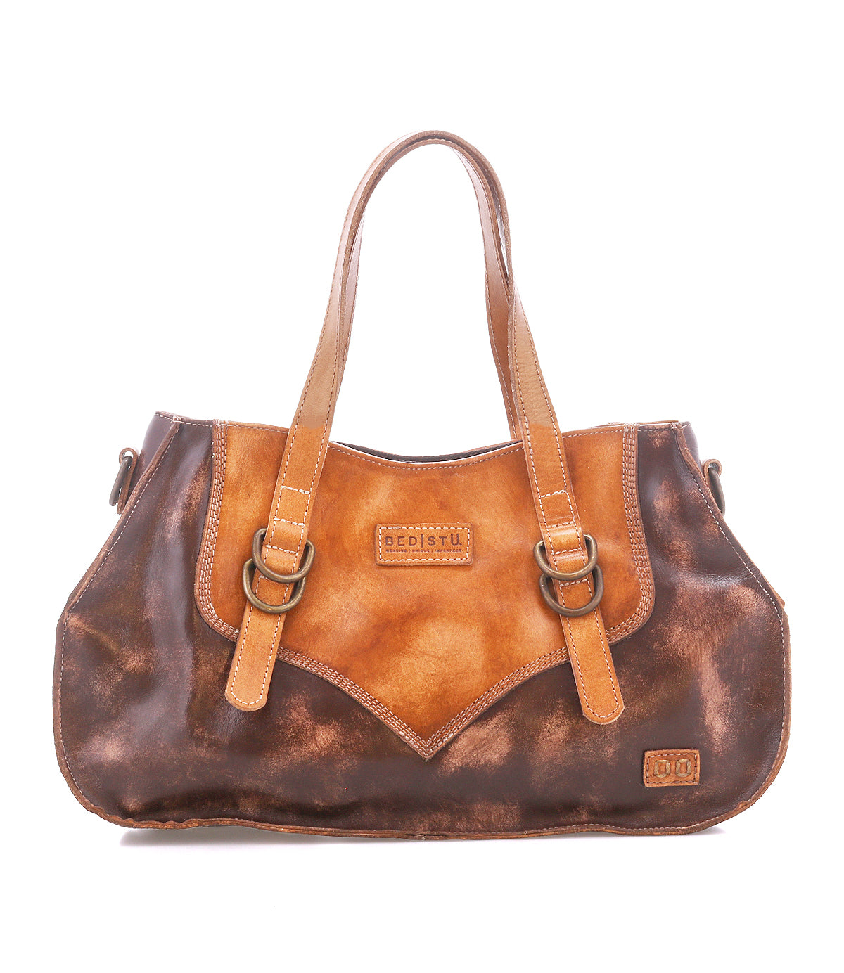 Compact brown and tan leather "Redrock" handbag by Bed|Stü, featuring dual handles with buckled accents and the Bed|Stü logo embossed on both the front center and bottom right corner. This everyday bag showcases a heritage-inspired design, blending timeless style with practical elegance.