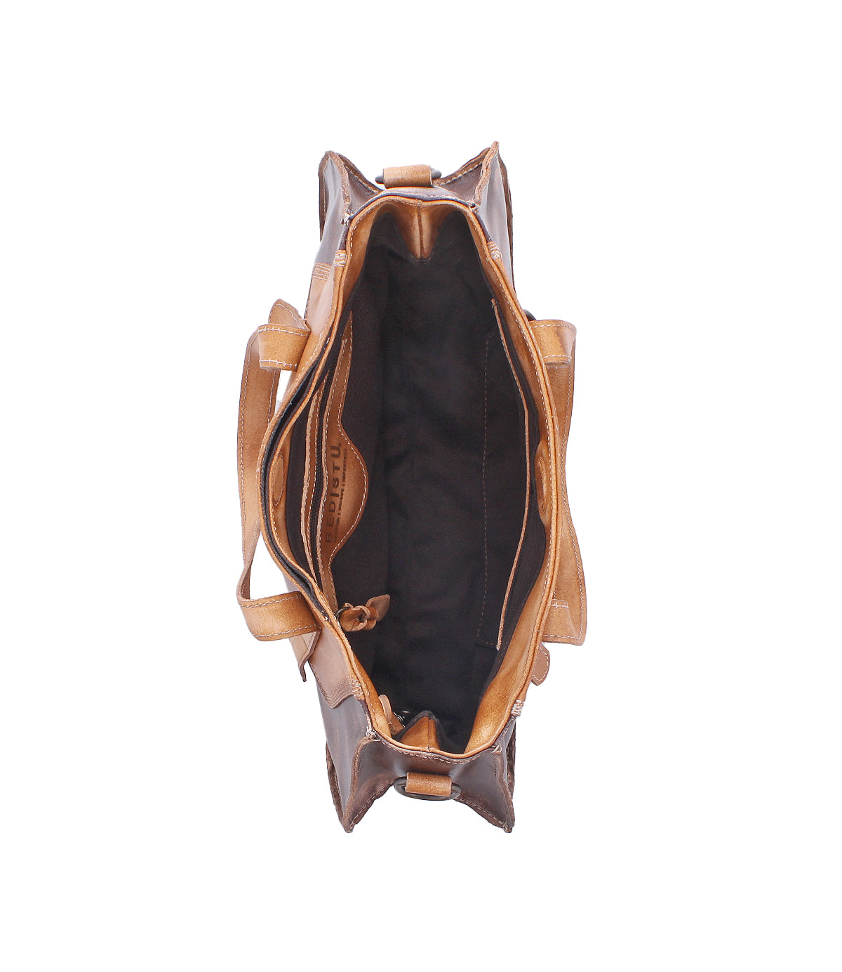 Top view of the Bed|Stü Redrock tote bag, featuring a heritage-inspired brown leather design with interior compartments, a zippered pocket, and two handles, photographed on a white background.