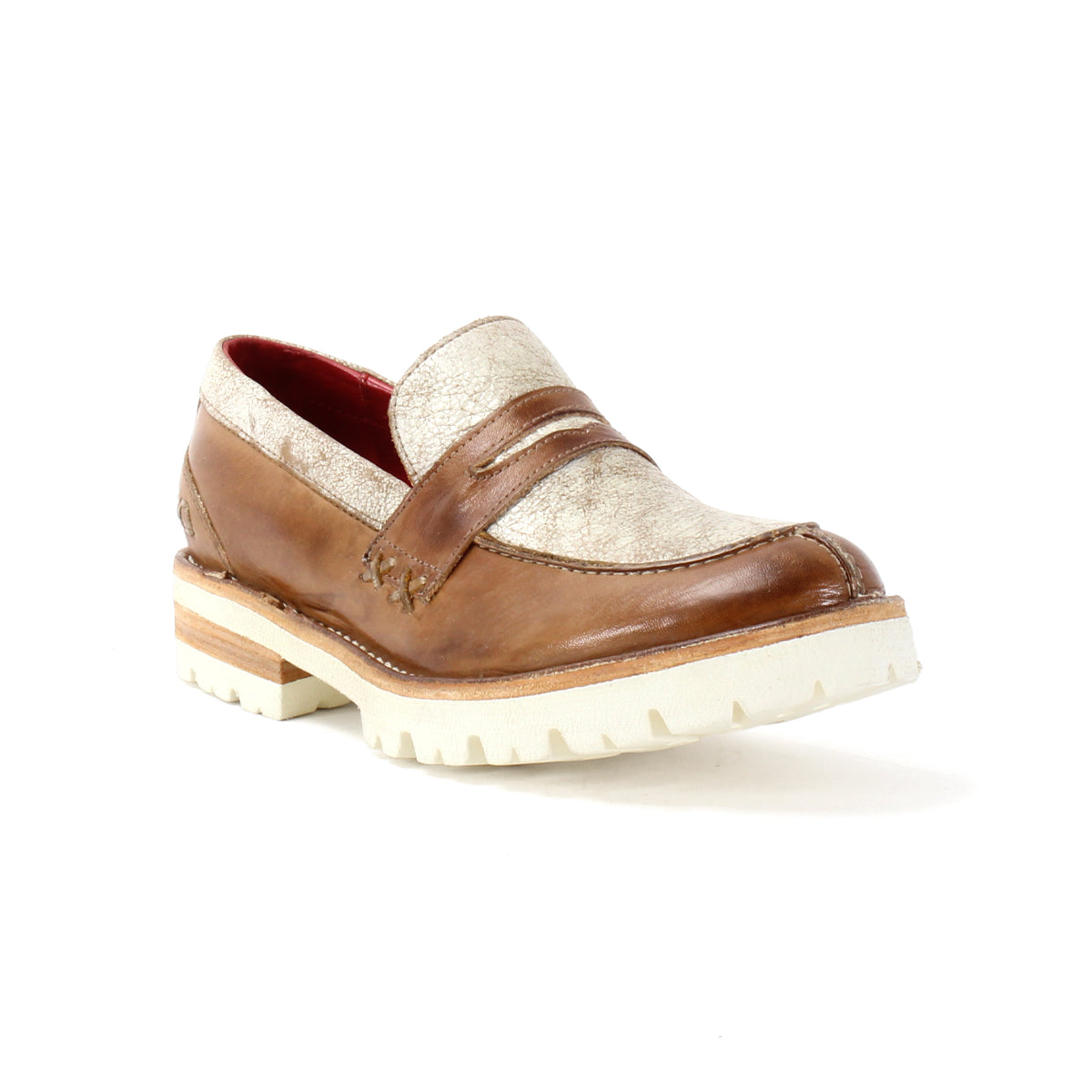 Introducing the Reina III by Bed|Stü—a hand-finished brown and beige leather penny loafer with a white chunky sole, featuring a textured upper design and classic penny strap. This modern essential is a standout addition to any wardrobe.