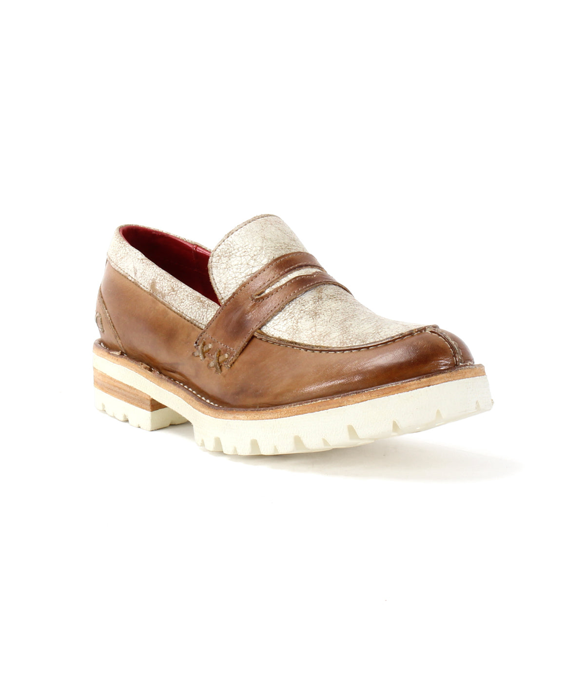 Introducing the Reina III by Bed|Stü—a hand-finished brown and beige leather penny loafer with a white chunky sole, featuring a textured upper design and classic penny strap. This modern essential is a standout addition to any wardrobe.