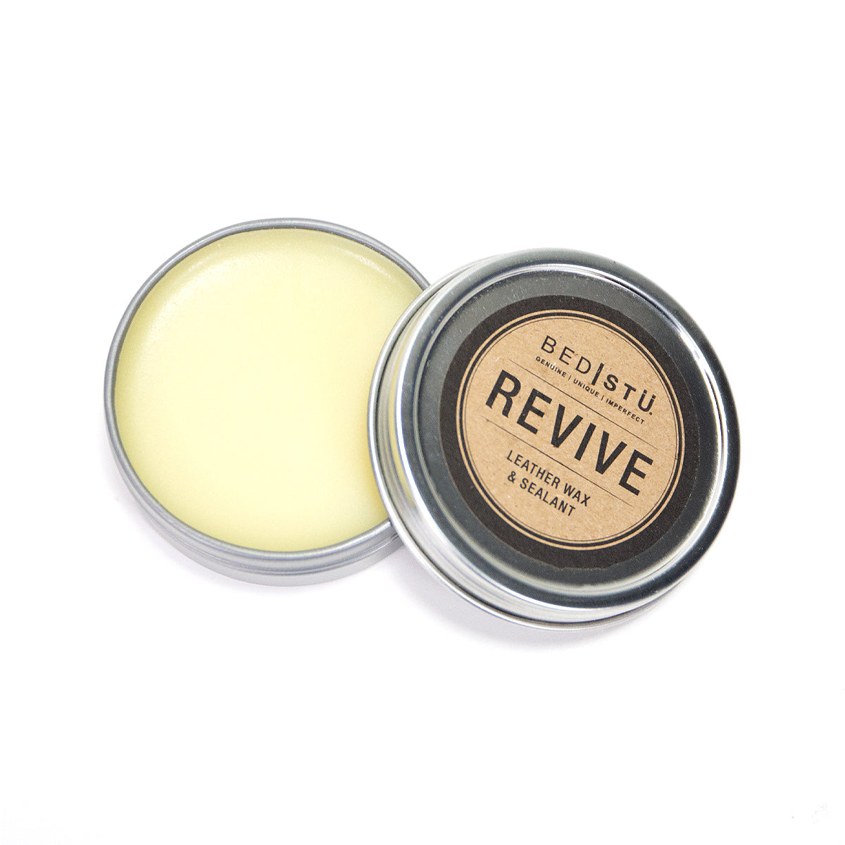 Sealant, expertly formulated with a natural wax base for exceptional leather care, reveals the yellowish balm inside alongside the branded product label on the lid.