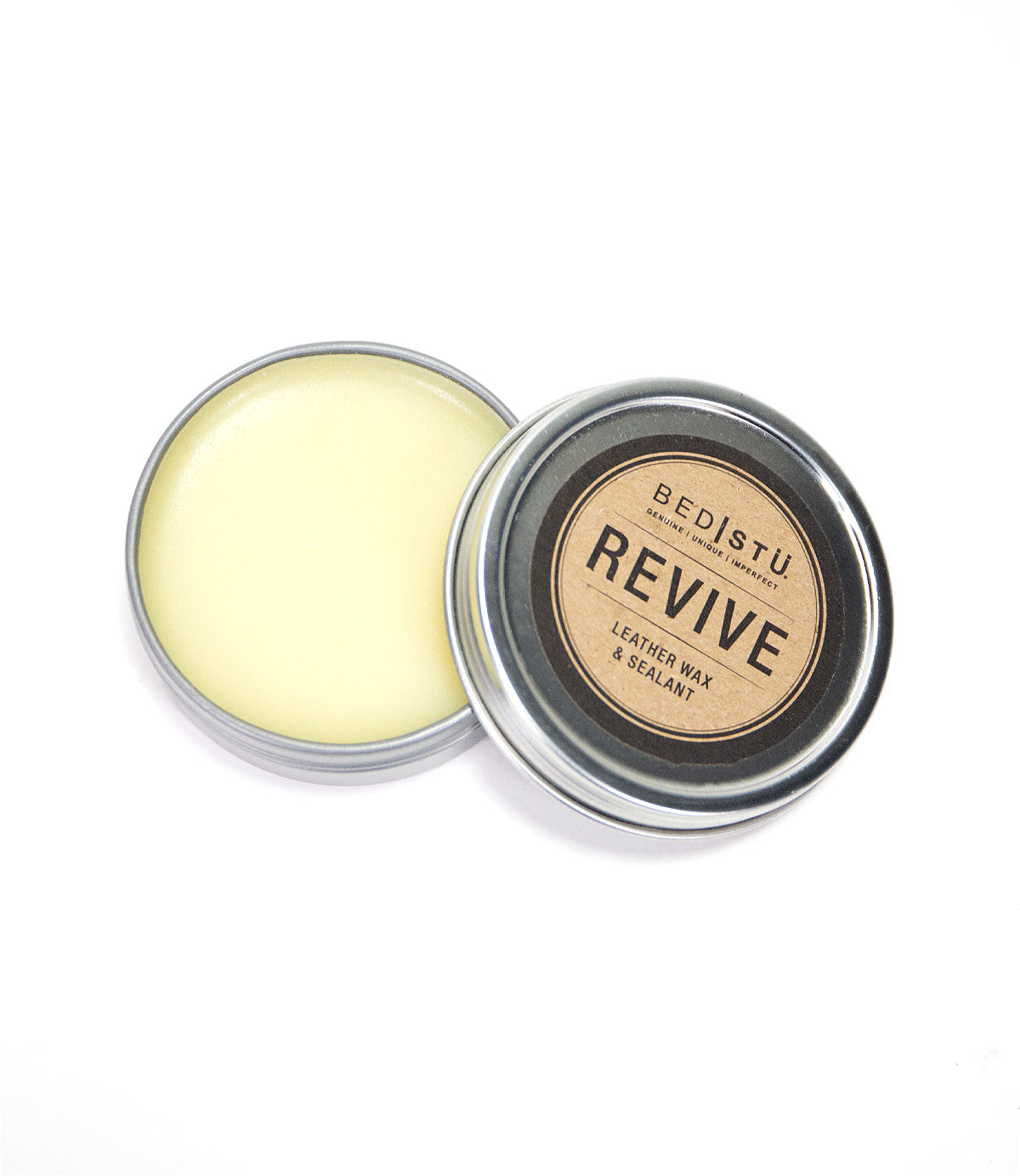 Sealant, expertly formulated with a natural wax base for exceptional leather care, reveals the yellowish balm inside alongside the branded product label on the lid.