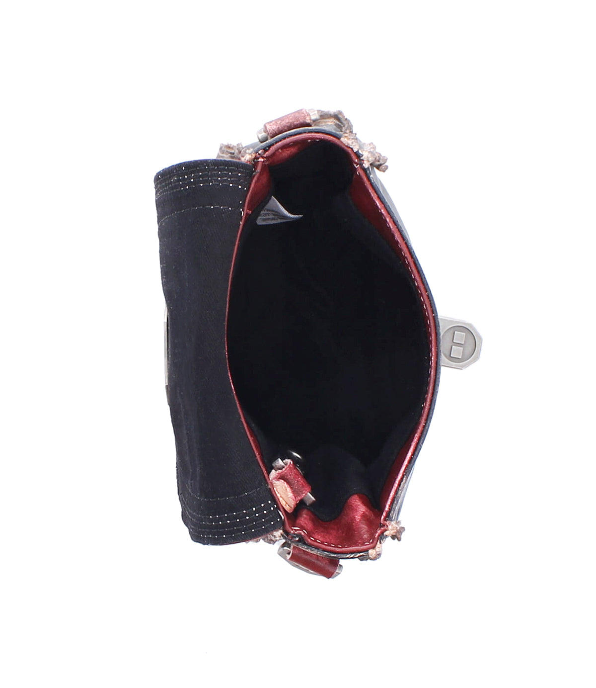 Top view of the Bed|Stü Rhyme crossbody bag in black and red, featuring visible stitching, a metal clasp, and an empty black interior, set against a white background.