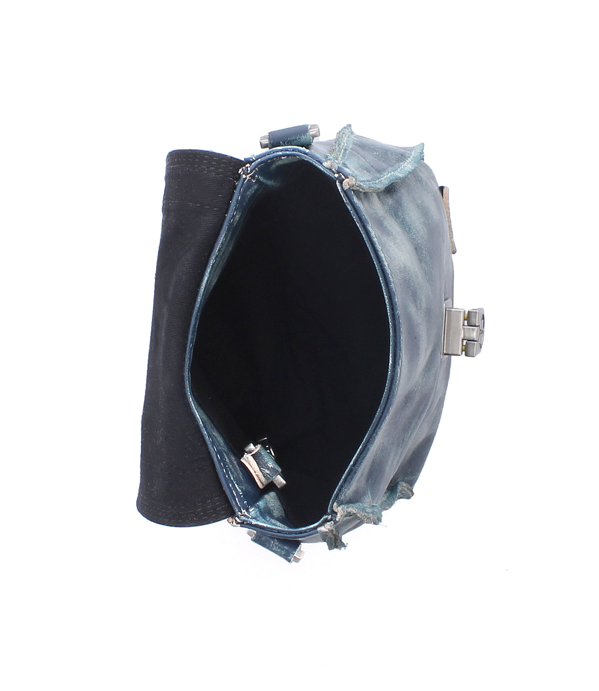 The Bed|Stü Rhyme crossbody bag features open blue leather with unfinished edges, a black fabric lining, and silver buckle closures, shown from above against a white background—ideal for hands-free convenience.