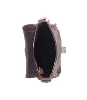 Top view of an empty Bed|Stü Rhyme brown leather crossbody bag with a flap, showcasing a black interior and visible edge stitching—ideal for hands-free convenience.